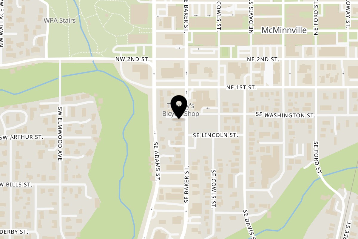 Map showing the location of Baker St Cafe - Thai Kitchen & Bubble Tea on 205 SE Baker St in McMinnville